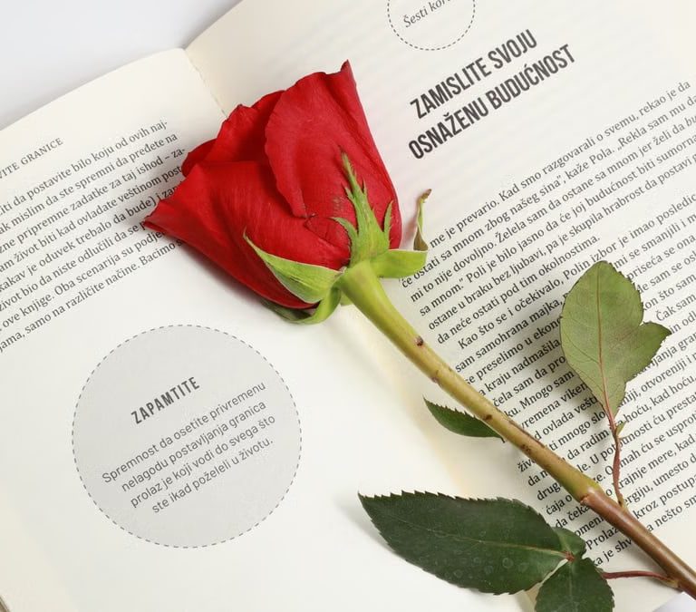 A vibrant red rose placed on the pages of an open book, offering a peaceful and romantic aesthetic.